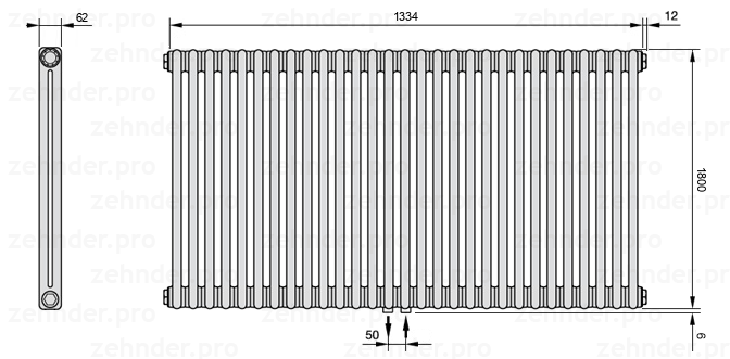 Схема (чертеж) Радиатор Zehnder Charleston 2180/29 №5410 Белый глянцевый RAL 9016